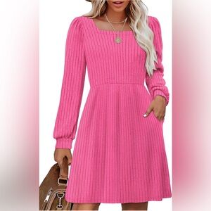 OFEEFAN Womens Knit Sweater Dress with Pockets Square Neck Long Sleeve Dresses